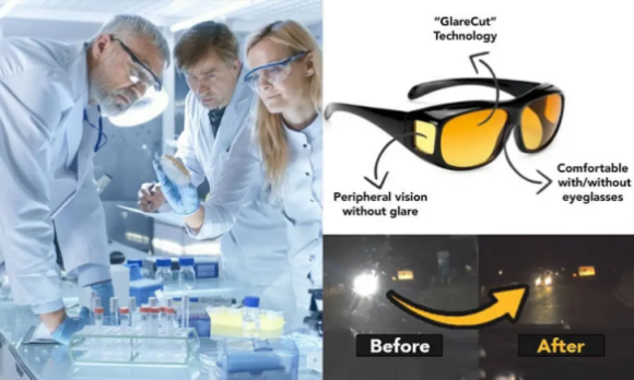 Collage, scientists in a lab and GAZE DarkGlo Glasses